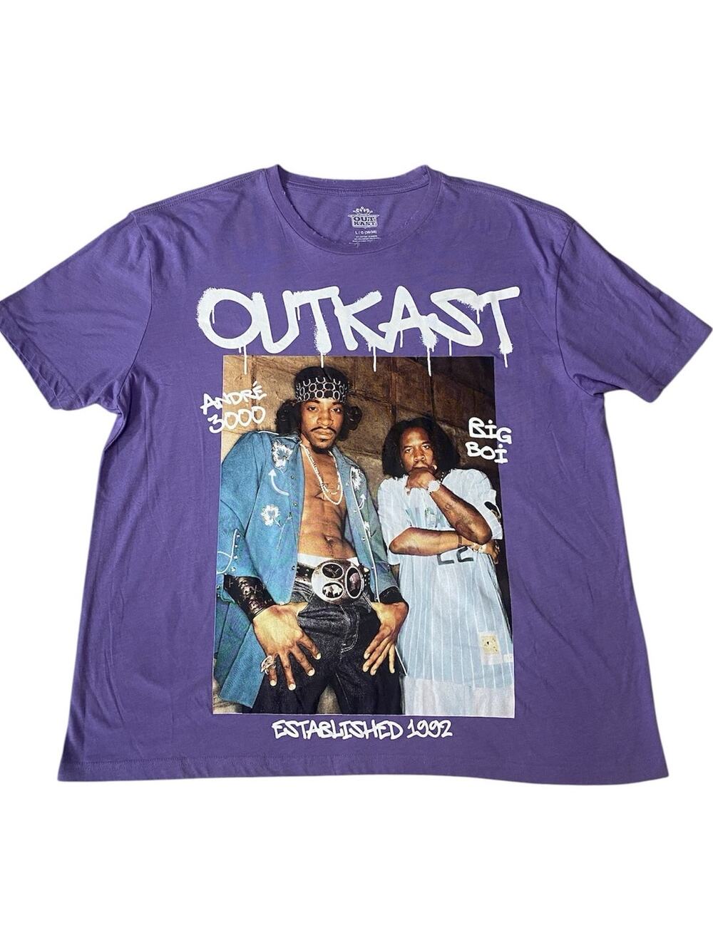 OutKast Graphic T-Shirt Mens Large Purple Ms Jackson Lyrics Distressed Collar